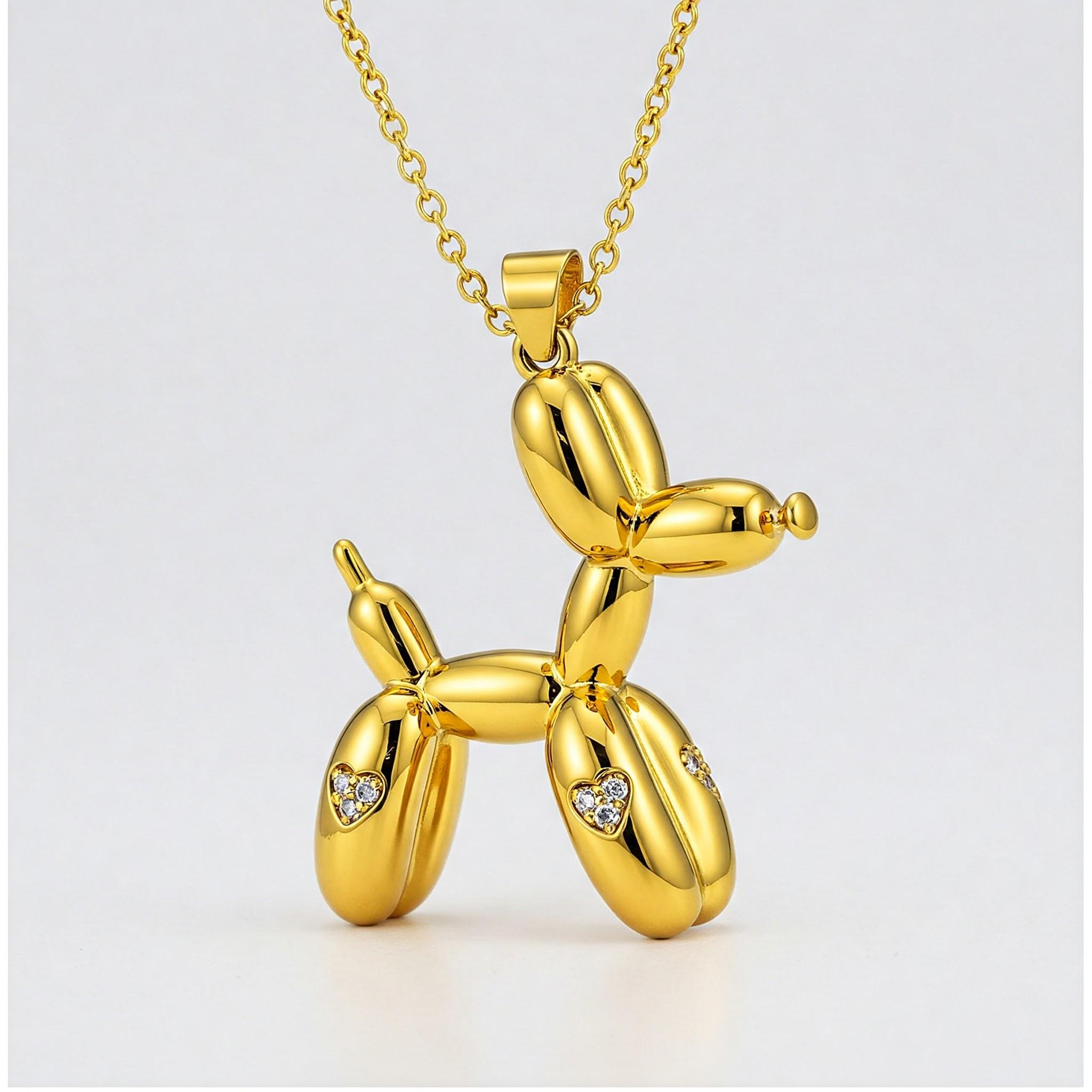 Stainless Steel Balloon Dog Pendant Necklace with Heart-Shaped Cubic Zirconia